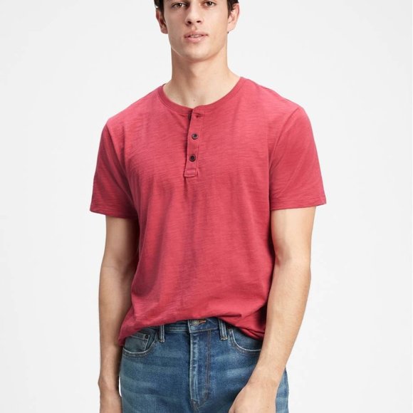 Gap Men's Short sleeve Large Henley Shirt Lived In Barn Red - Picture 4 of 9